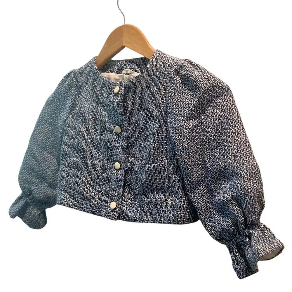 Janie and Jack Girls’ Blue & White Tweed Puff Sleeve Button-Up Jacket